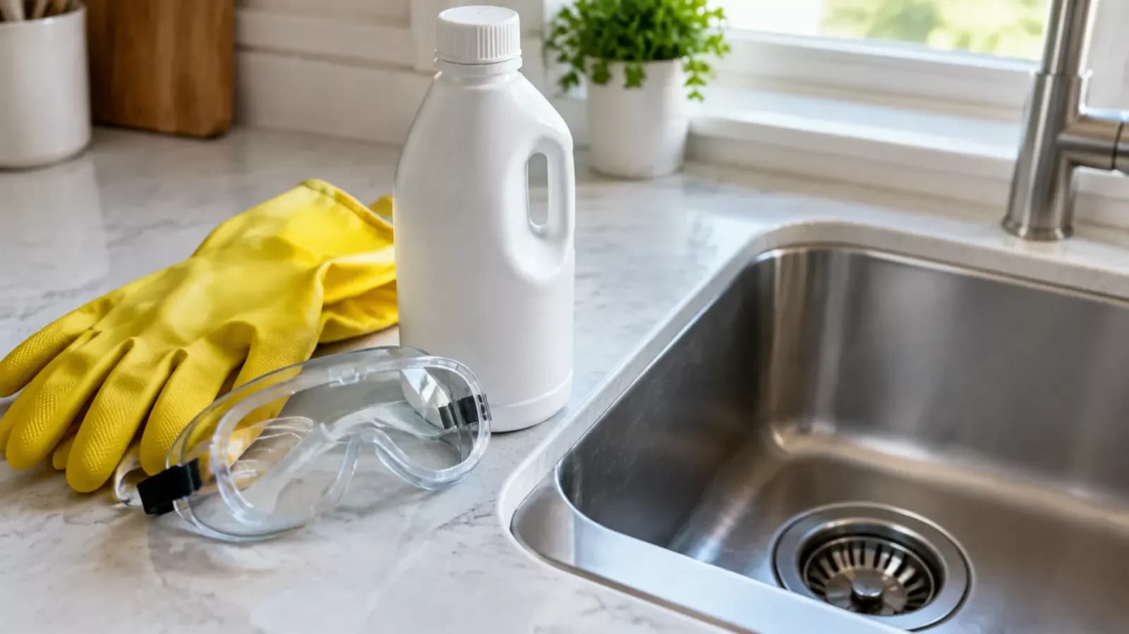 Luvas e óculos de proteção para usar soda cáustica a desentupir canos